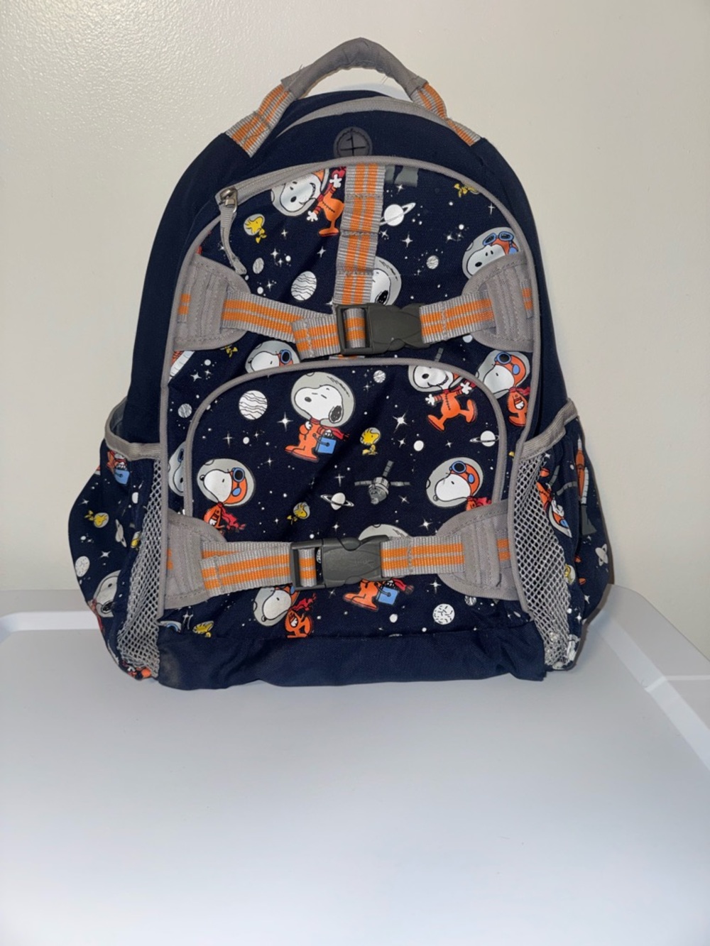 Pottery Barn Kids Navy Snoopy Space Backpack with Orange Accents
